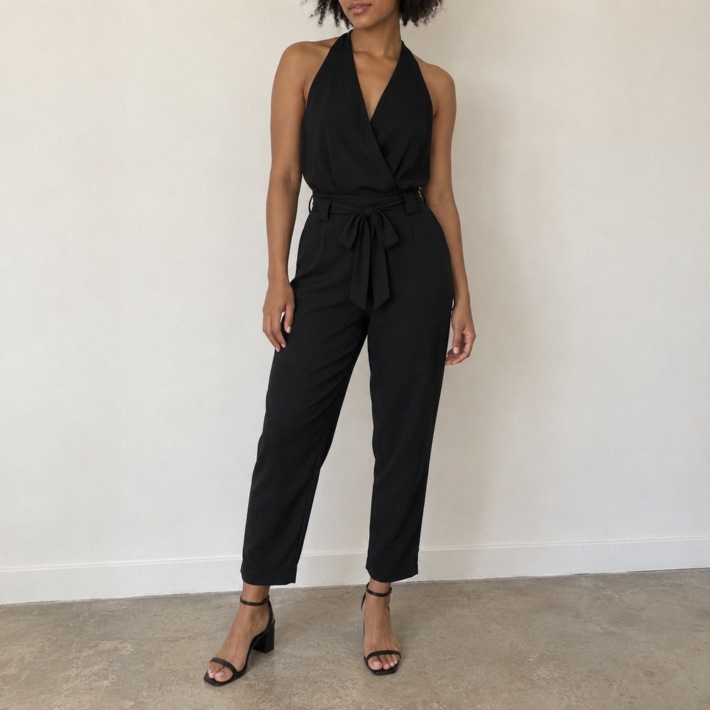Lulus In the City Black Surplice Sleeveless Jumpsuit Small Minimalist